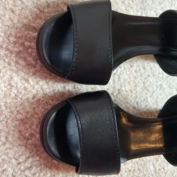 Gucci Black Leather Ankle-Strap Heeled Sandals with Gold Buckles